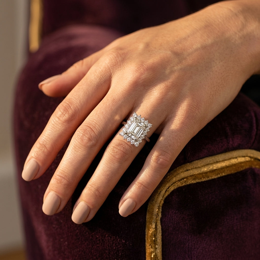 Solitaire Halo Emerald-Cut Engagement Rings - worn lifestyle photo
