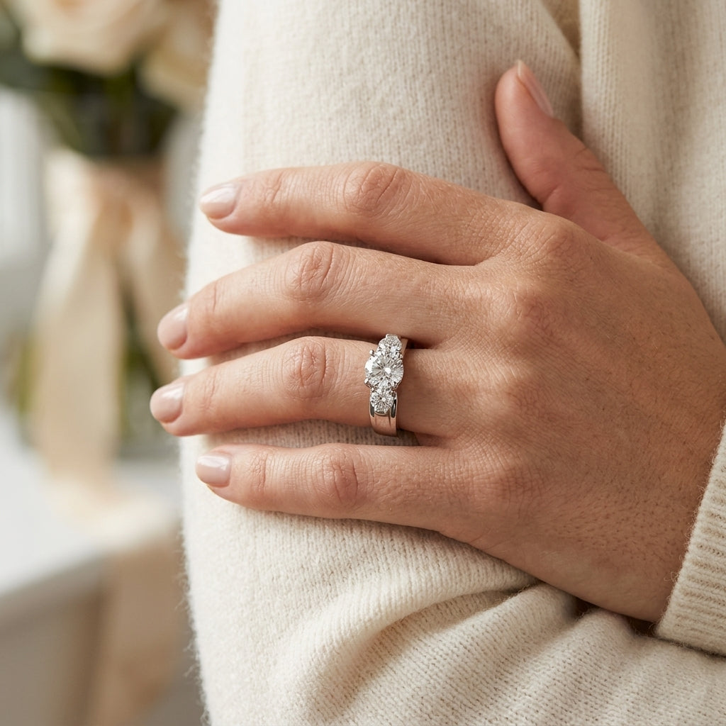 3-Stone Round Trellis Engagement Rings - worn lifestyle photo