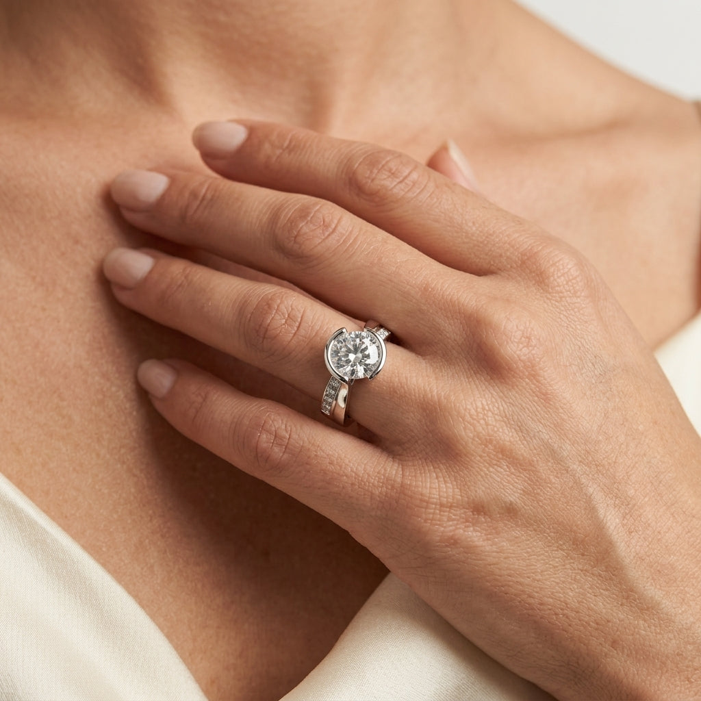 Accented Round Bypass Engagement Ring - worn lifestyle photo