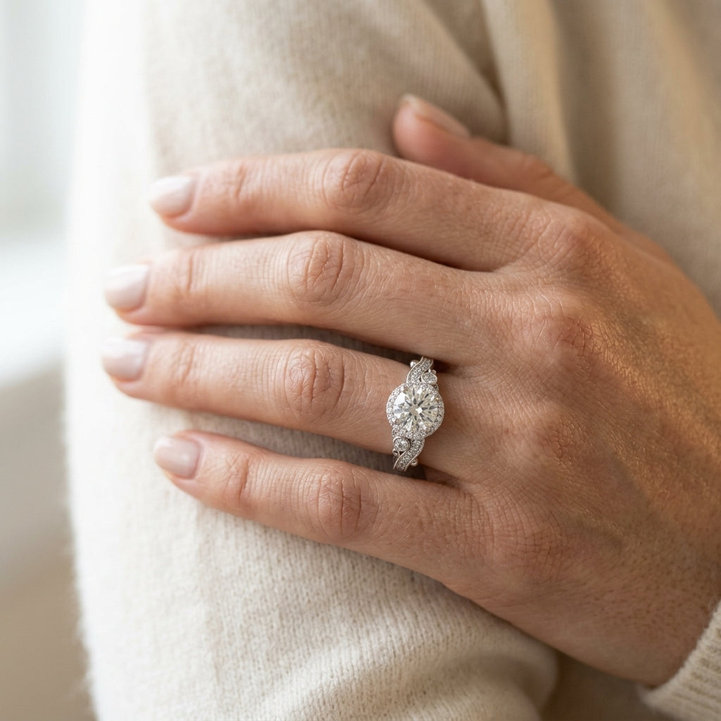 Round Vintage Lab Grown Diamond Engagement Ring - Style 51000 - worn lifestyle photo