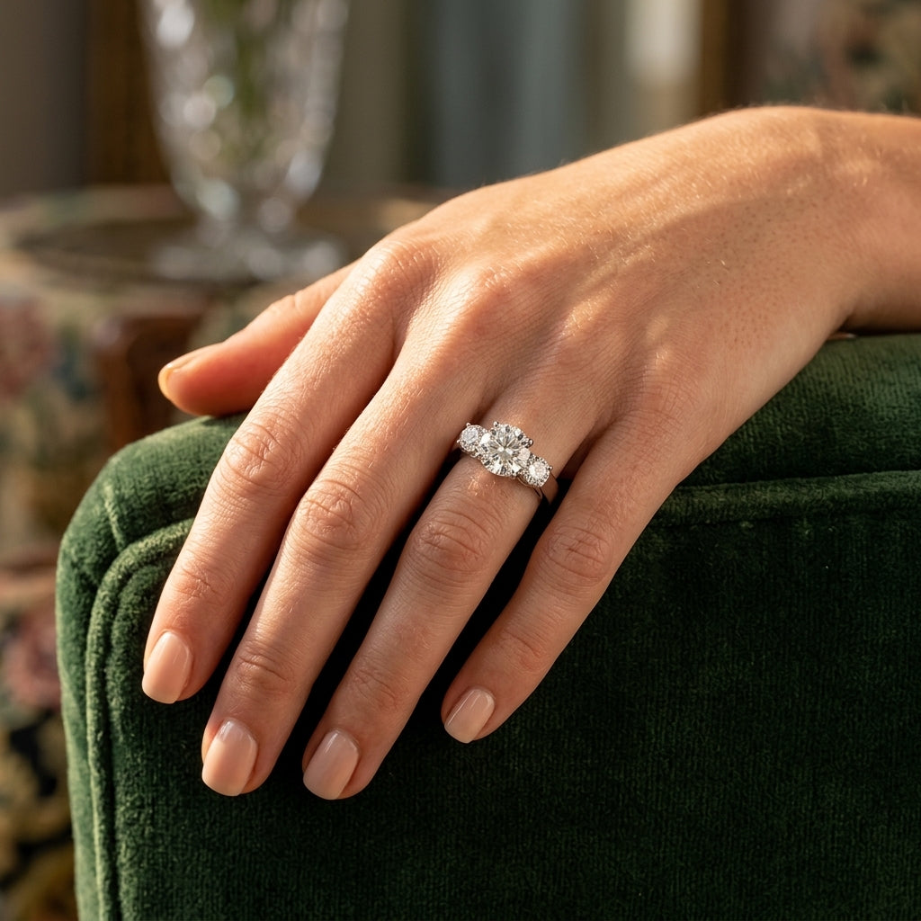 3-Stone Round Engagement Ring - worn lifestyle photo