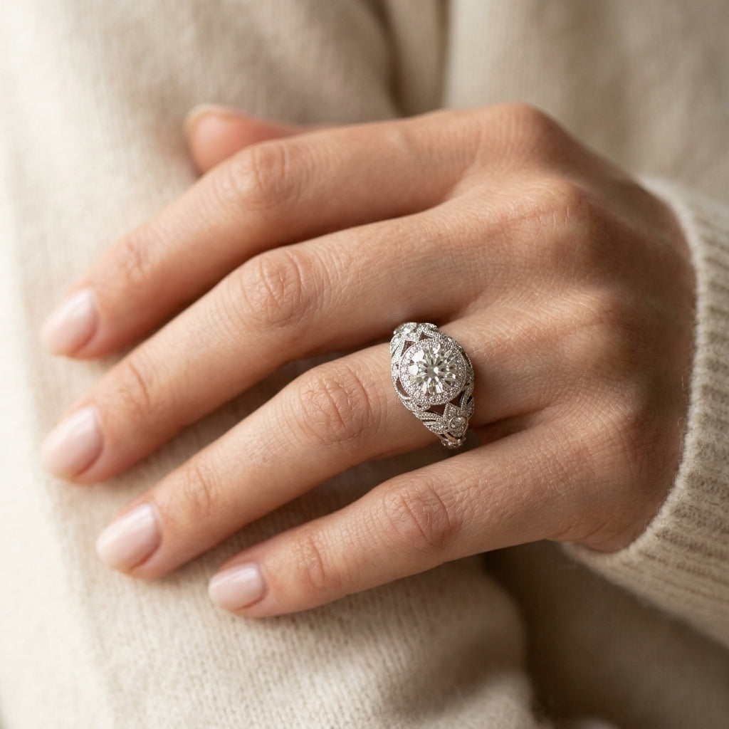 Vintage Inspired Halo Engagement Ring - worn lifestyle photo