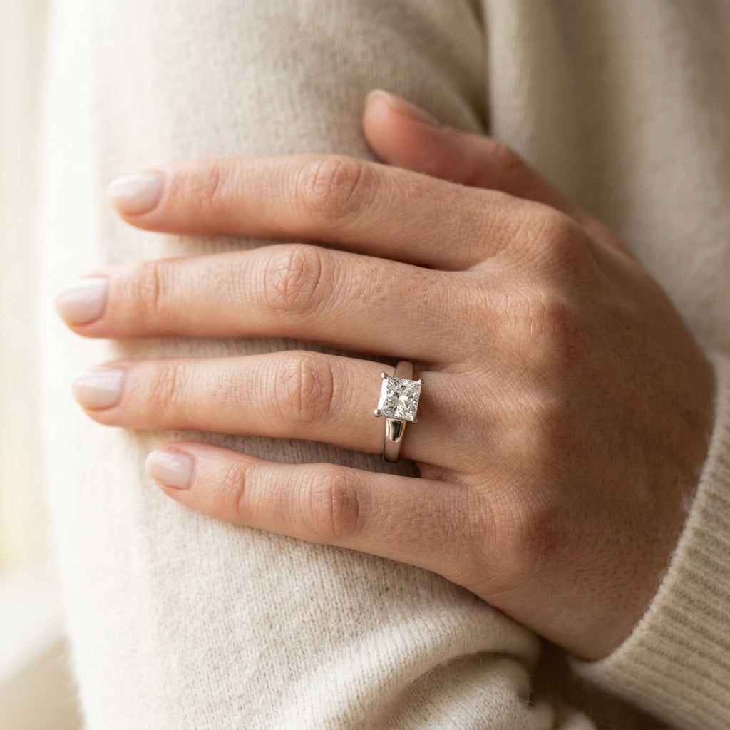 Square Trellis Lab Grown Diamond Engagement Ring - Style 82961 - worn lifestyle photo