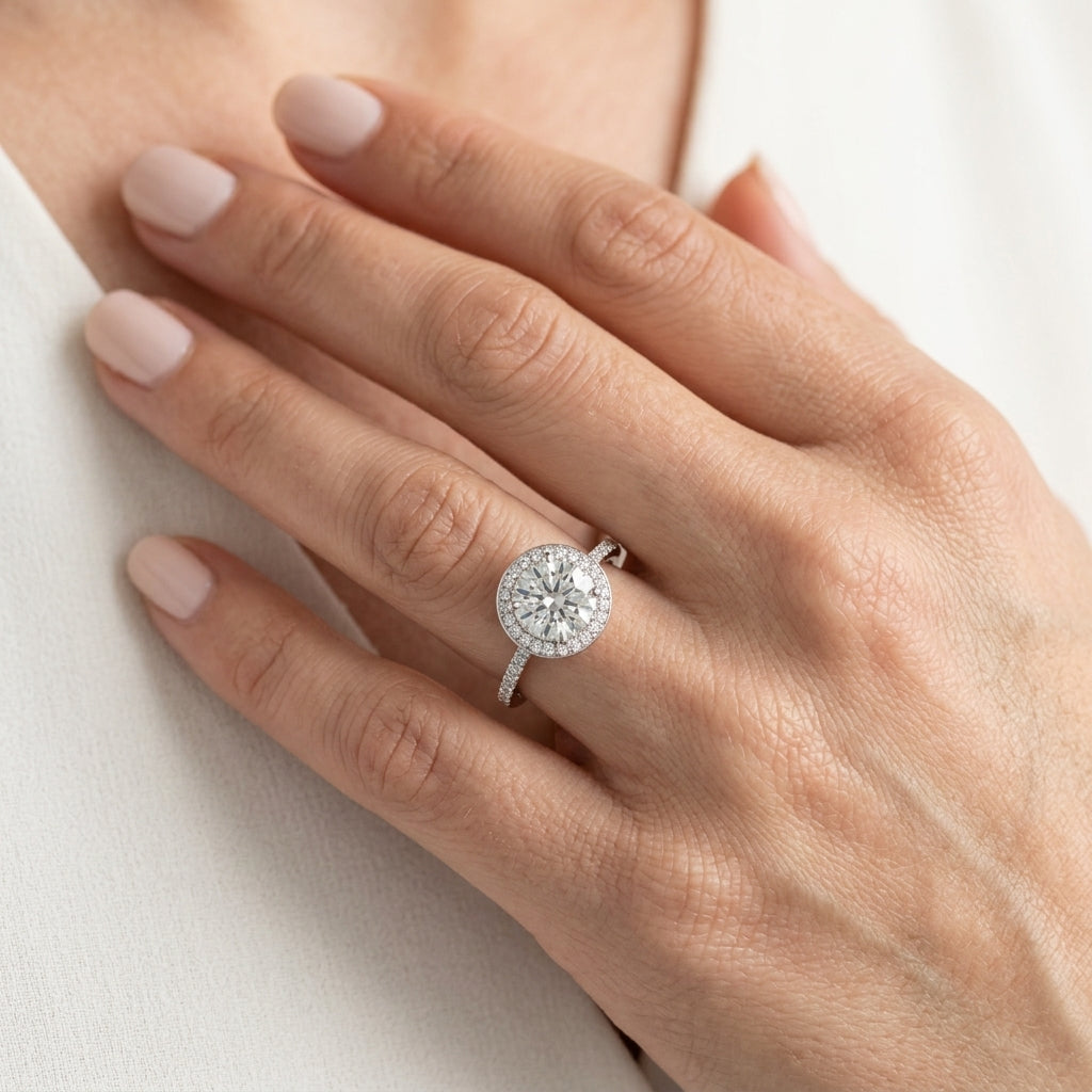 Single Row Bezel Set Engagement Ring - worn lifestyle photo