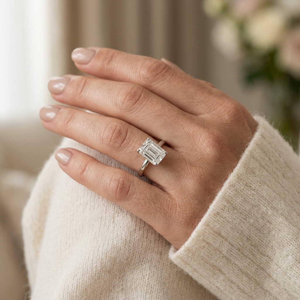 Floral Emerald Cut Engagement Ring - worn lifestyle photo
