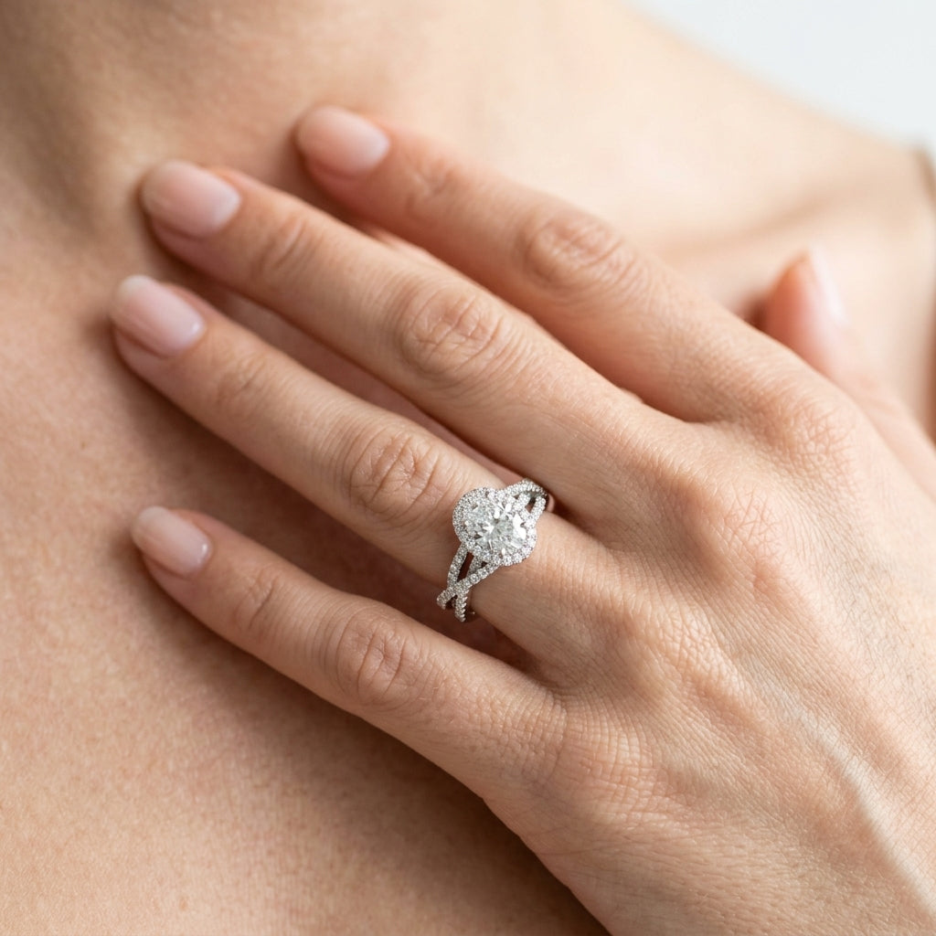 Multirow Oval Halo Engagement Ring - worn lifestyle photo