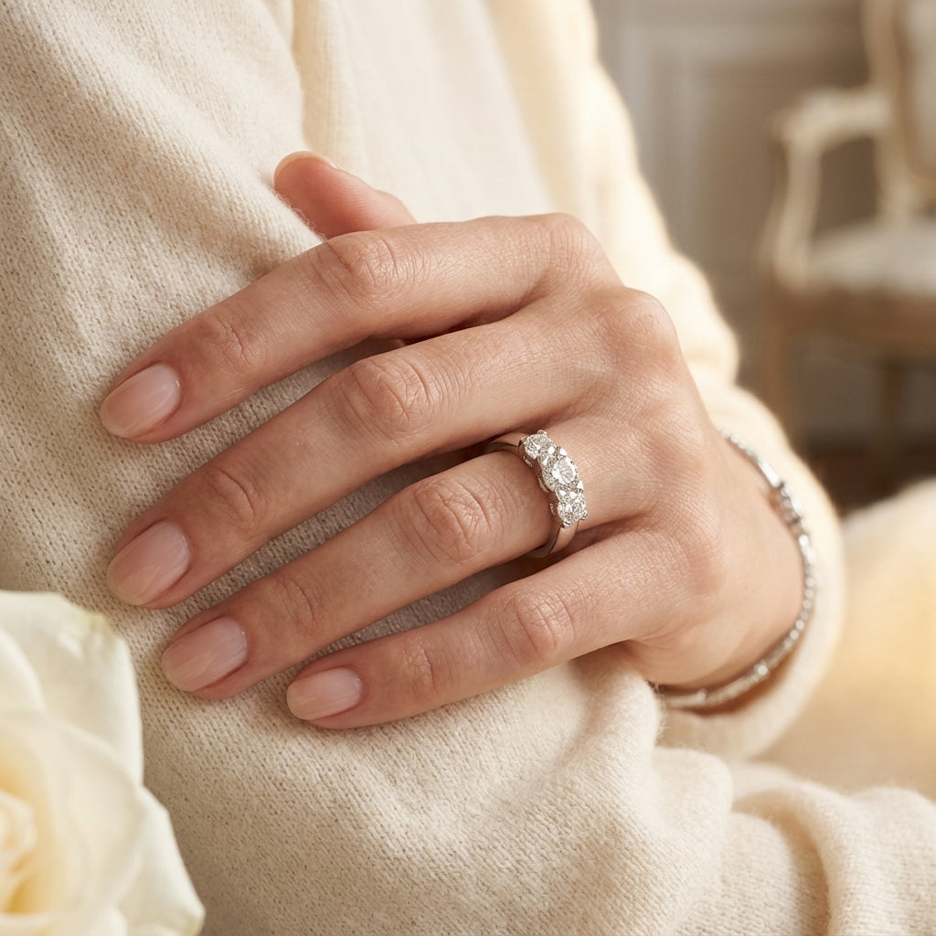 3-Stone Round Engagement Rings - worn lifestyle photo
