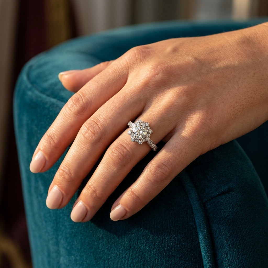Round Halo Lab Grown Diamond Engagement Ring - Style 85289 - worn lifestyle photo