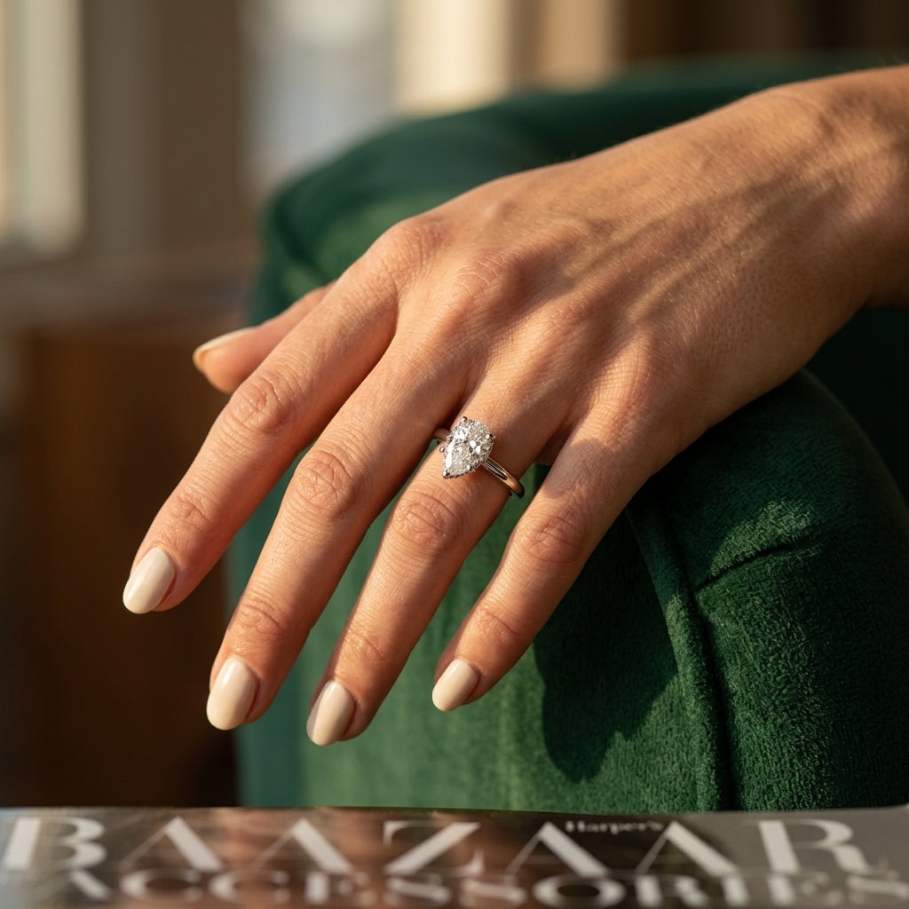 Double Hidden Halo Pear Engagement Ring - worn lifestyle photo