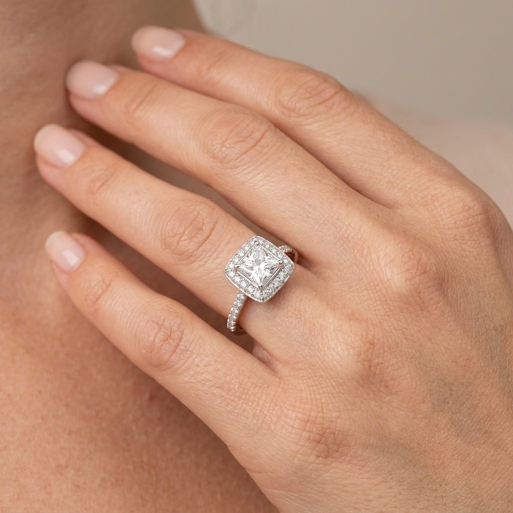 ENGAGEMENT RINGS HALO SQUARE & CUS - worn lifestyle photo