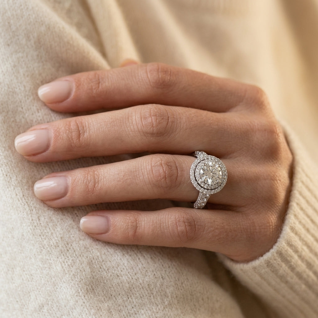 ENGAGEMENT RINGS HALO ROUND - worn lifestyle photo