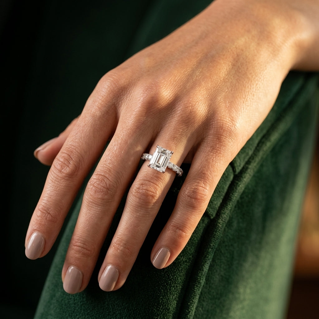 Single Row Trellis Shared Prong Engagement Ring - worn lifestyle photo