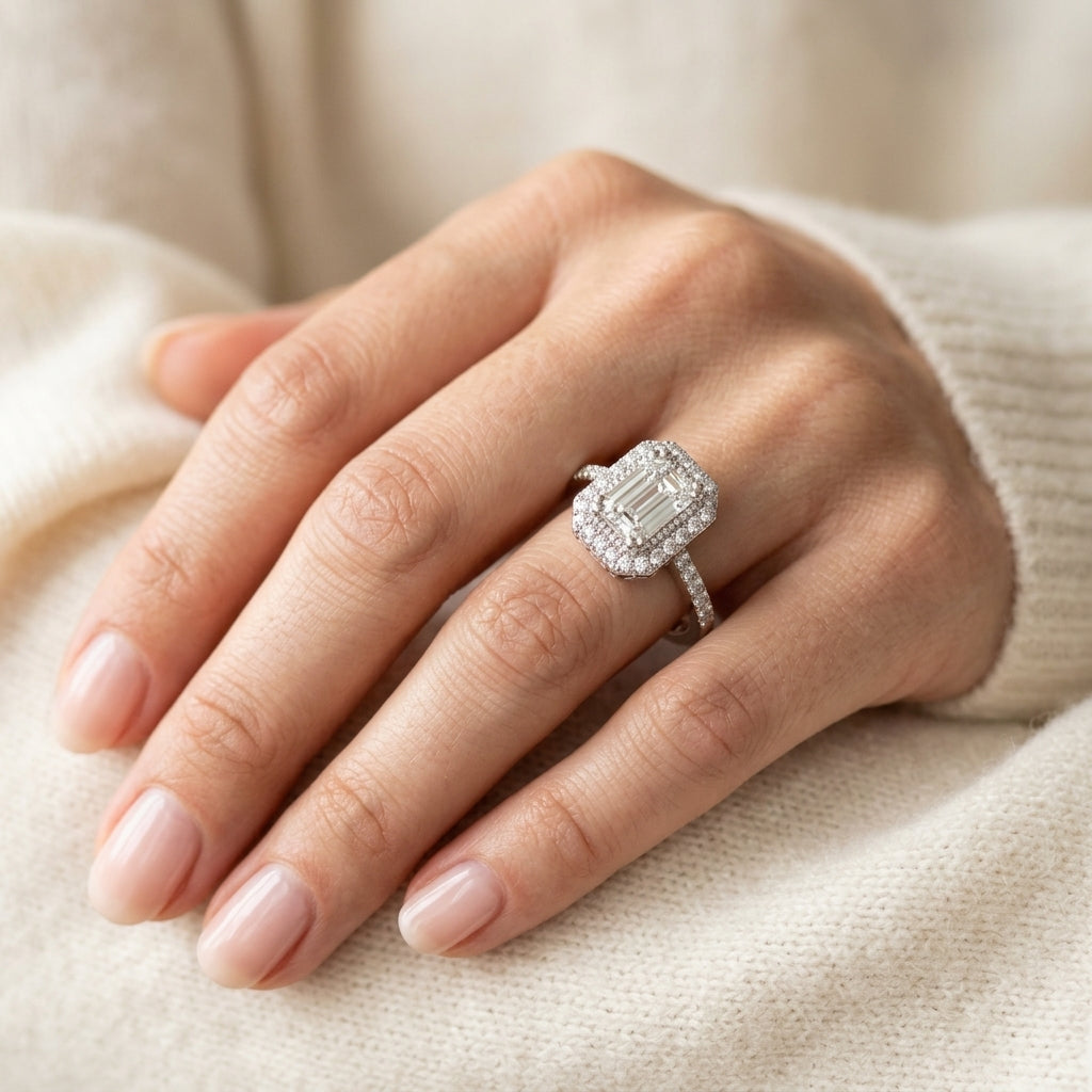 Single Row Prong Halo Emerald-Cut Engagement Ring - worn lifestyle photo