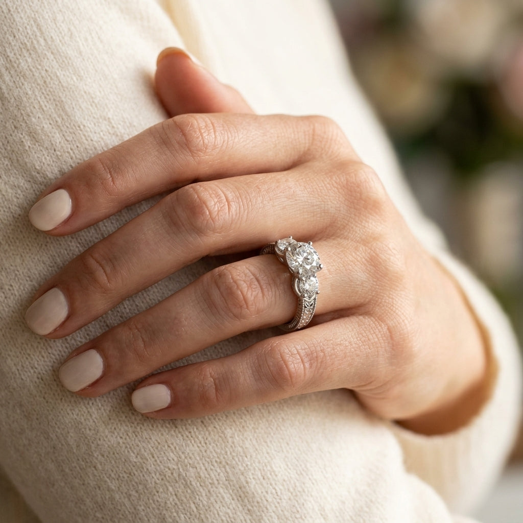 3-Stone Antique inspired Filigree Engagement Ring - worn lifestyle photo
