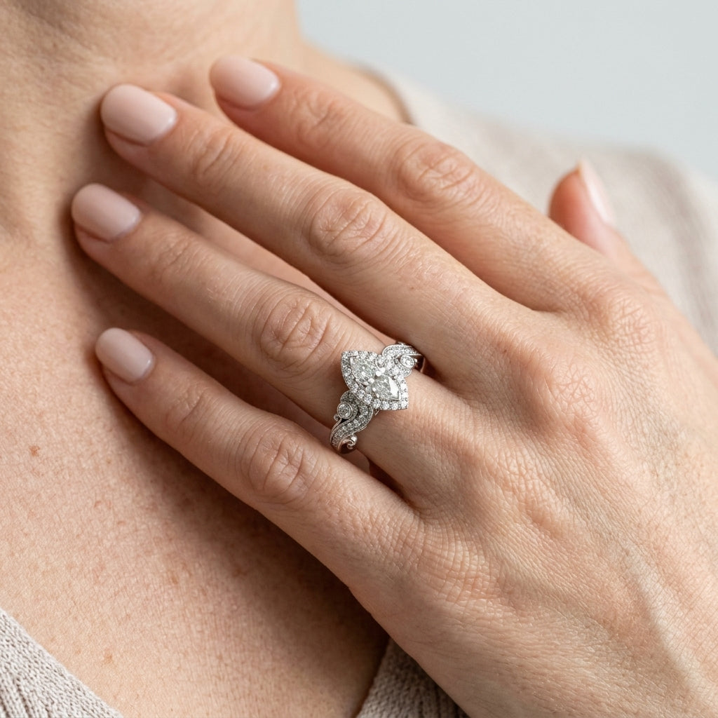 Marquise Vintage Lab Grown Diamond Engagement Ring - Style 51007 - worn lifestyle photo