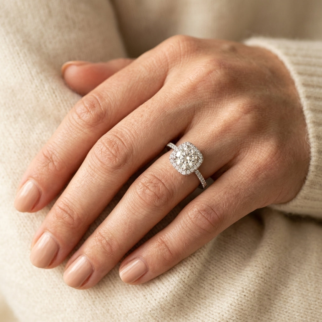 Single Row Accented Halo Engagement Ring - worn lifestyle photo
