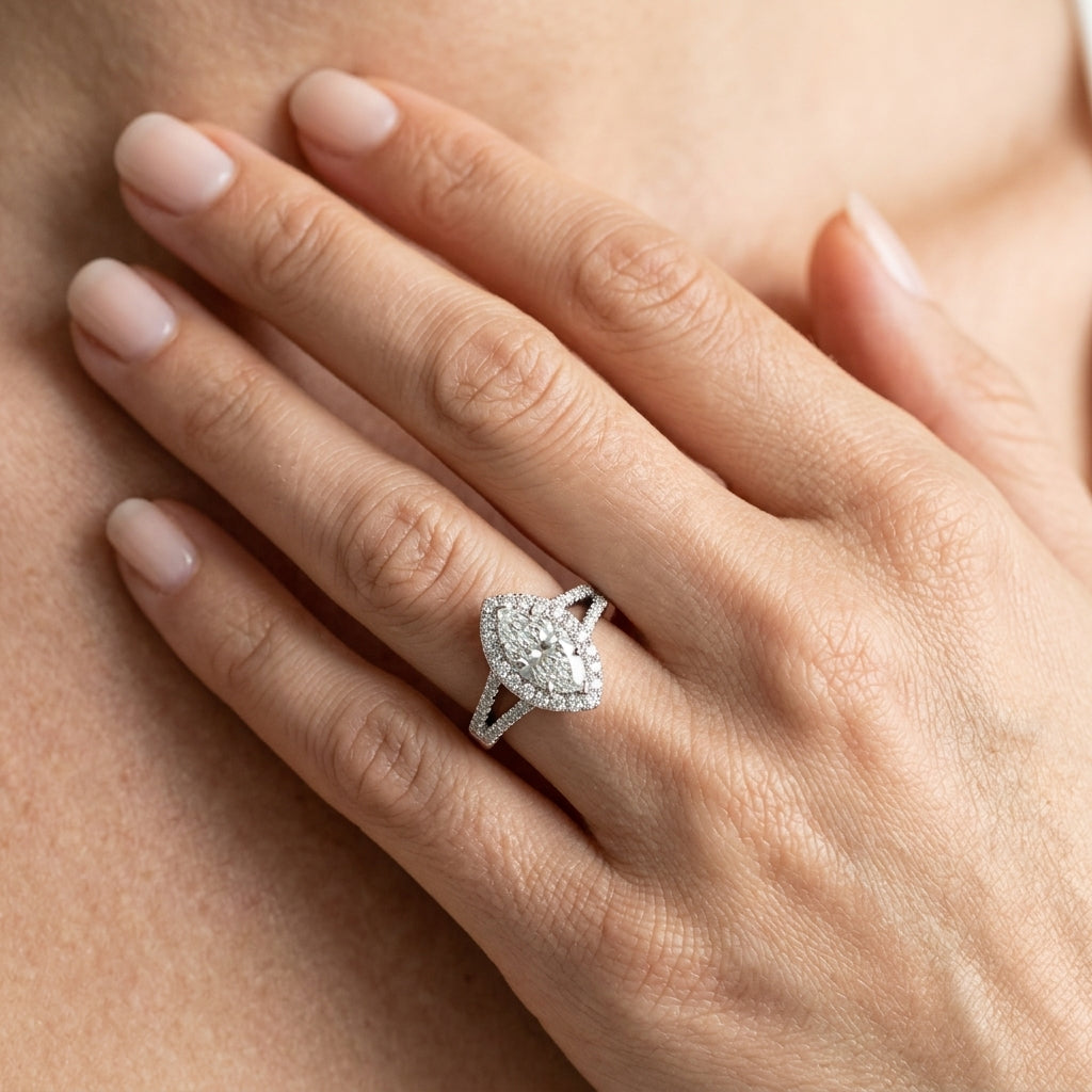 Multirow Marquise Halo Engagement Rings - worn lifestyle photo