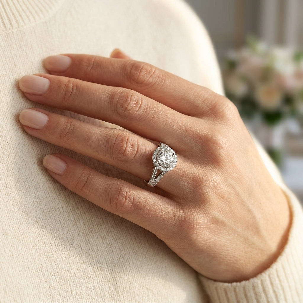 Split Shank Round Halo Engagement Ring - worn lifestyle photo