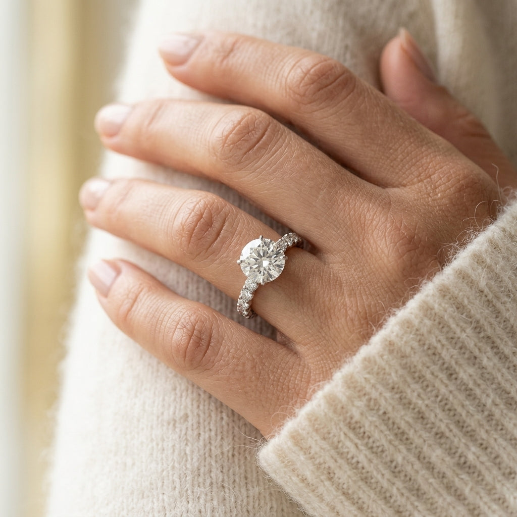 Single Row Shared Prong Trellis Engagement Ring - worn lifestyle photo