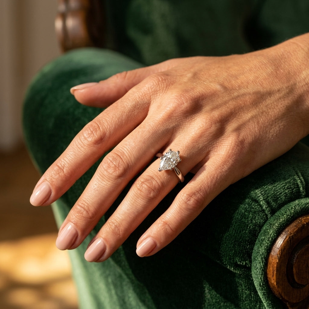 Solitaire Pear Shape Engagement Ring - worn lifestyle photo