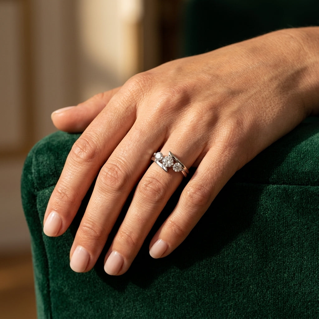3-Stone Bypass Engagement Ring - worn lifestyle photo