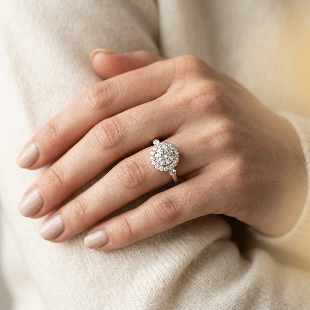 Round Halo Prong Engagement Ring - worn lifestyle photo