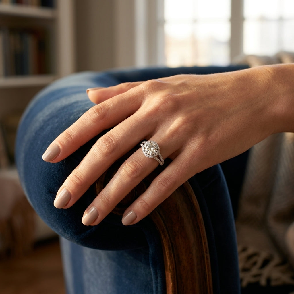 Split Shank Round Halo Engagement Ring - worn lifestyle photo