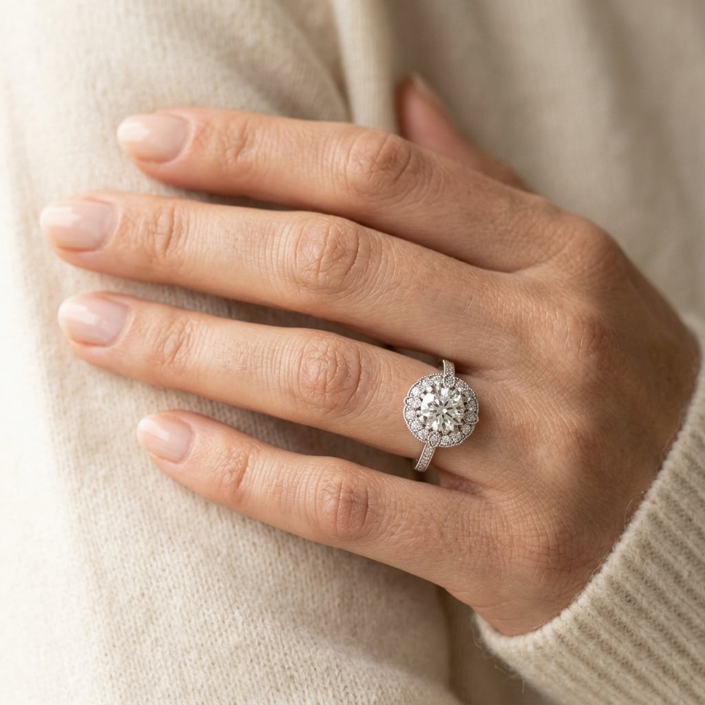 Single Row Halo Floral Milgrain Engagement Rings - worn lifestyle photo