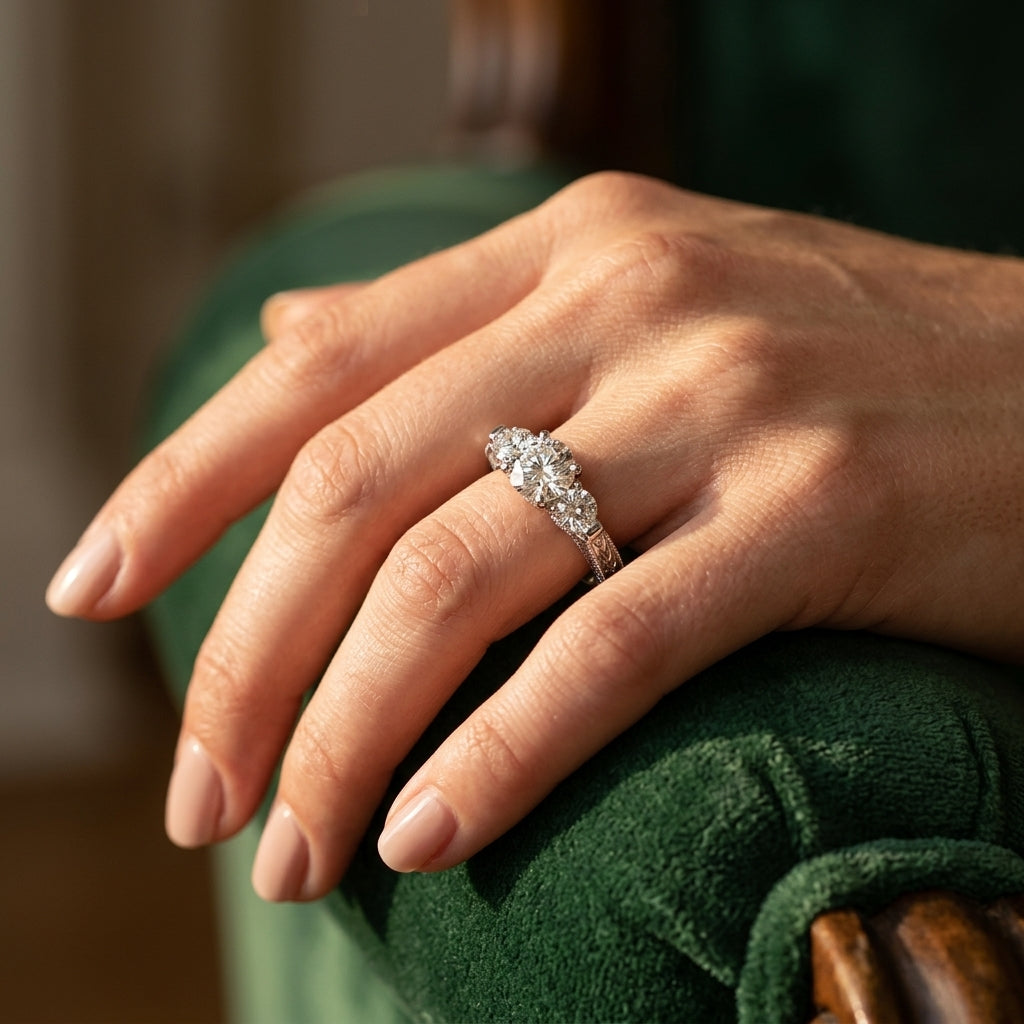 3-Stone Round Filigree Engagement Ring - worn lifestyle photo