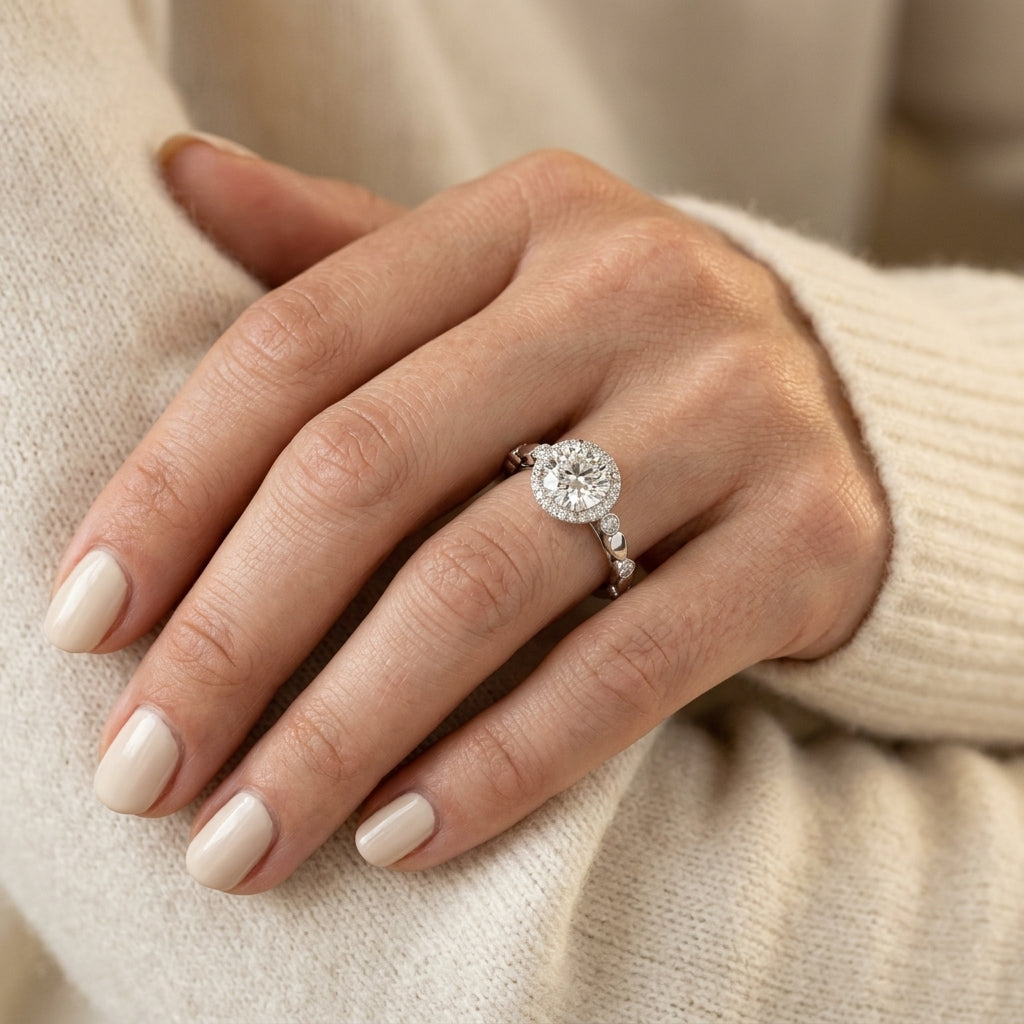 ENGAGEMENT RINS HALO ROUND - worn lifestyle photo