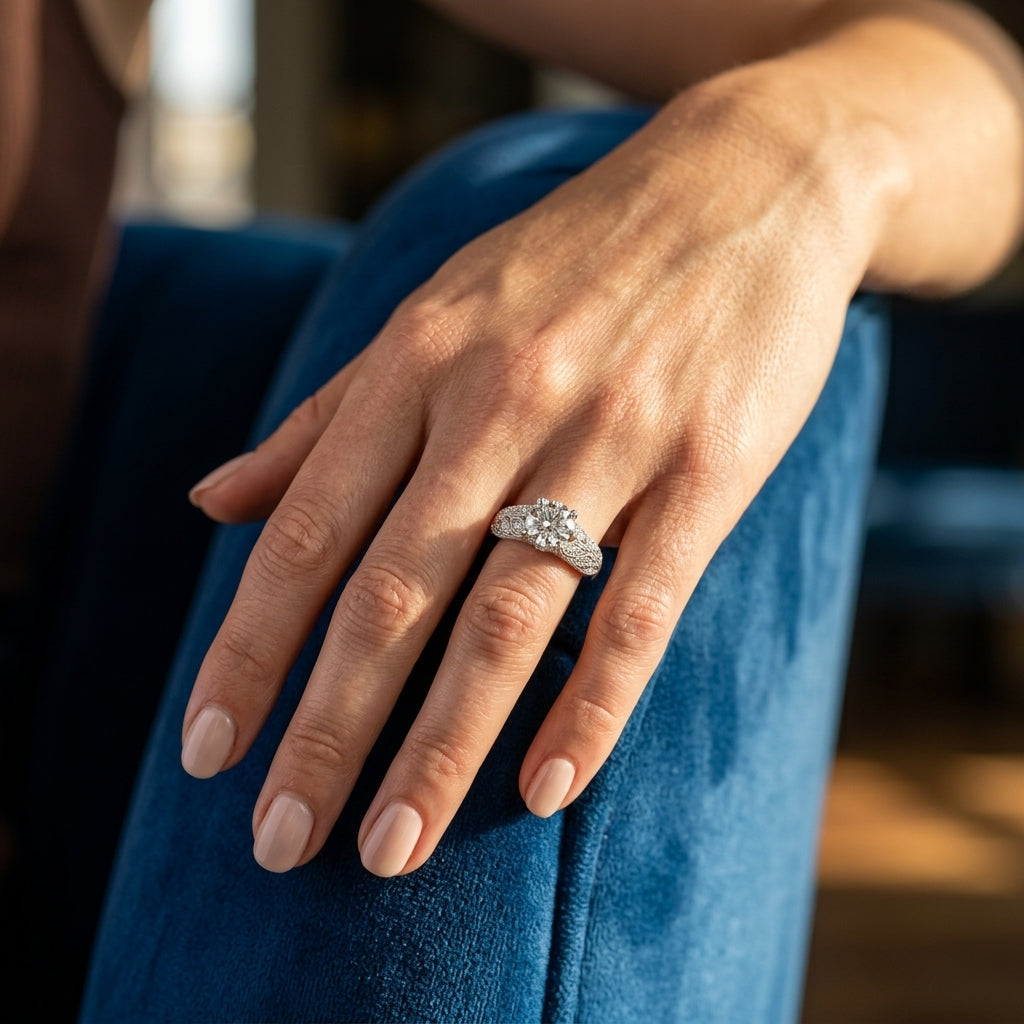 Vintage Inspired Filigree Engagement Ring - worn lifestyle photo