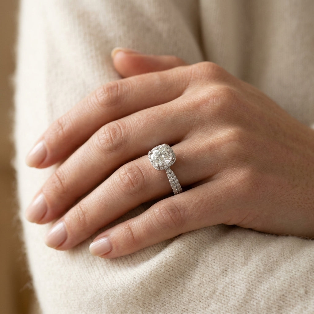 Round Halo Pavé Engagement Ring - worn lifestyle photo