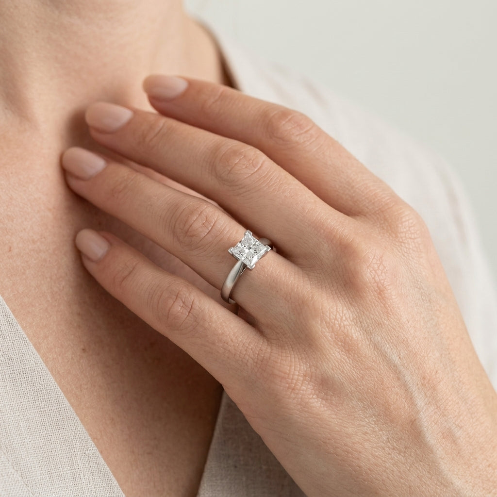 Solitaire Princess Cut Engagement Ring - worn lifestyle photo