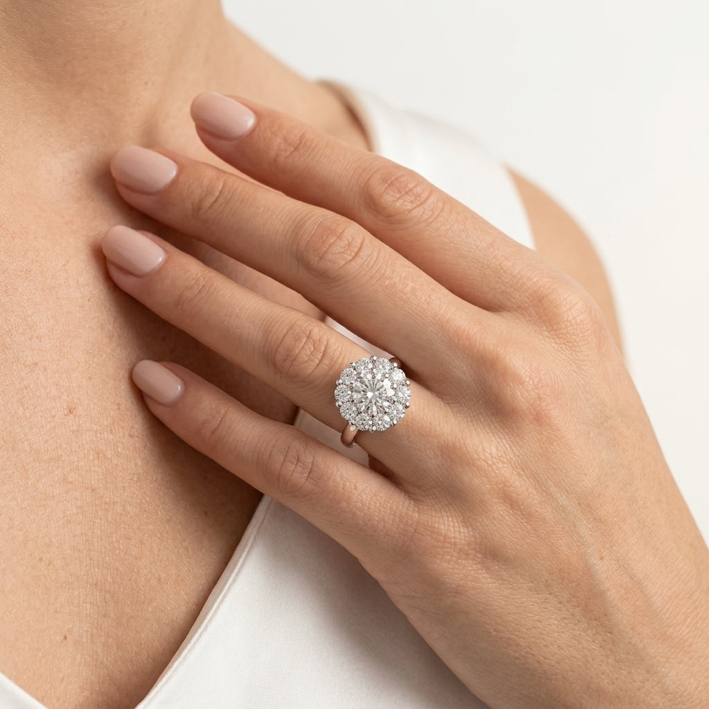 Round Halo Engagement Ring - worn lifestyle photo