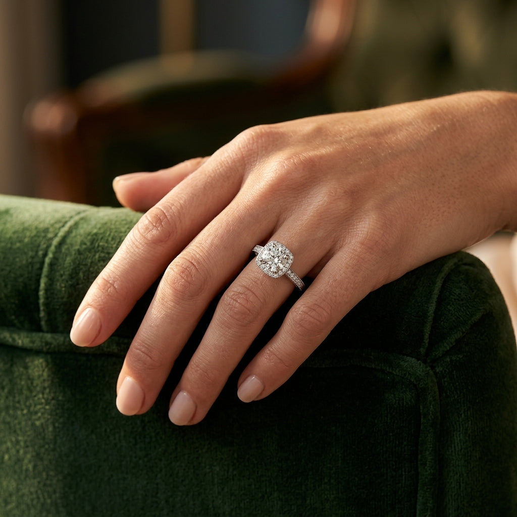 Vintage Prong Milgrain Hidden Halo Engagement Ring - worn lifestyle photo