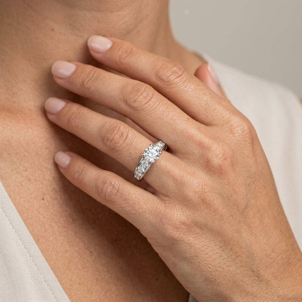 Round Trellis Lab Grown Diamond Engagement Ring - Style 50640 - worn lifestyle photo