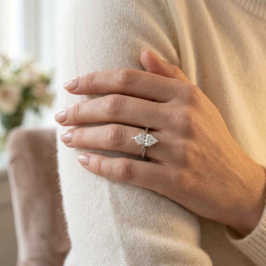 Solitaire Marquise Shape Engagement Ring - worn lifestyle photo