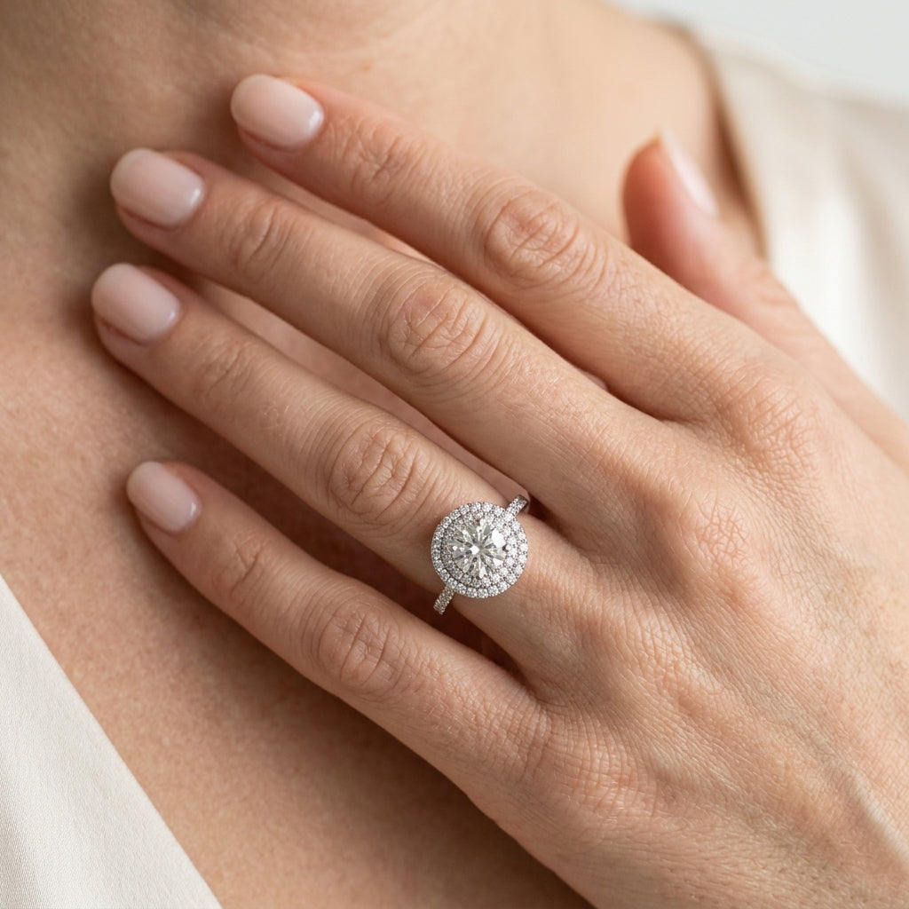 Single Row Double Halo Engagement Ring - worn lifestyle photo