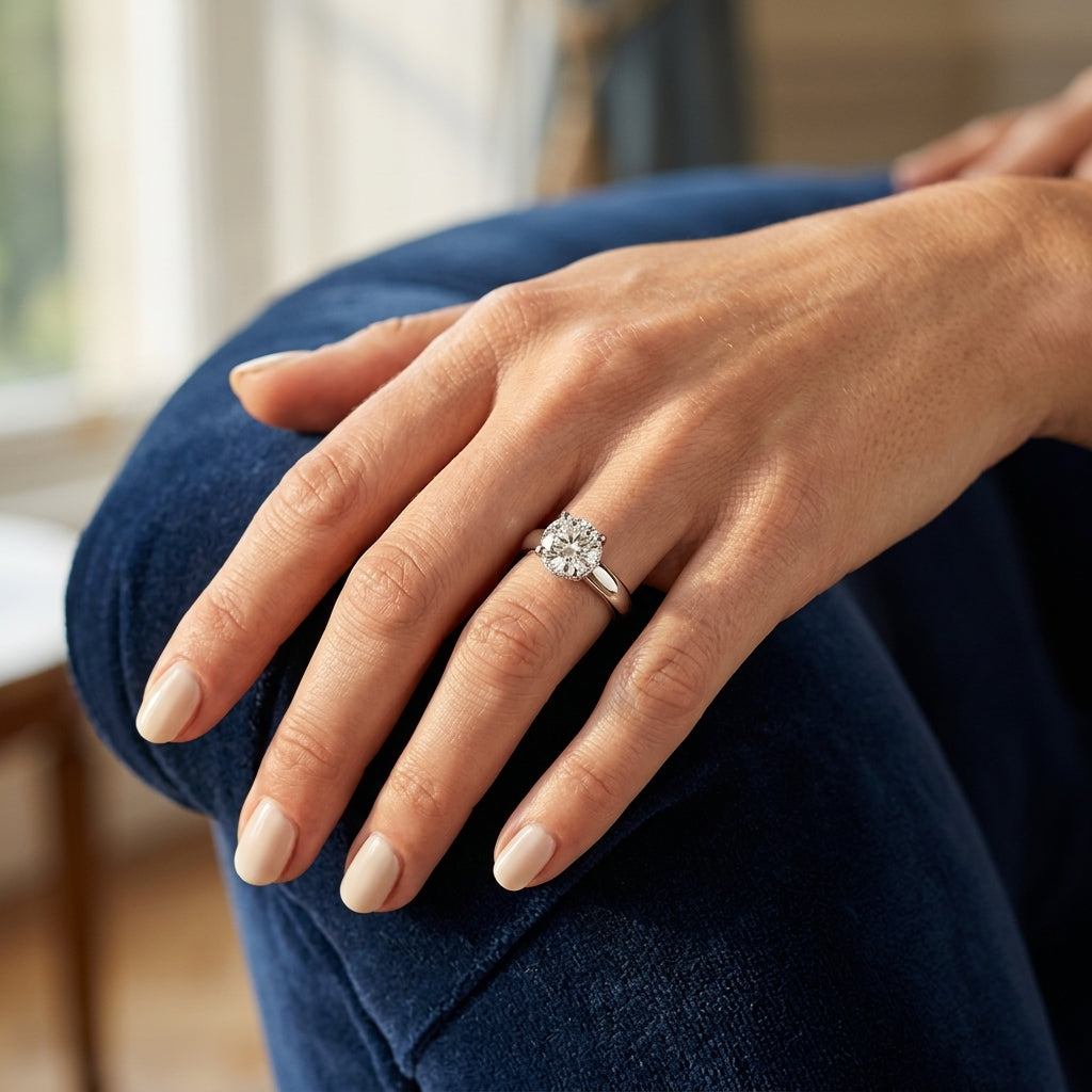 Solitaire Hidden Halo Trellis Engagement Ring - worn lifestyle photo