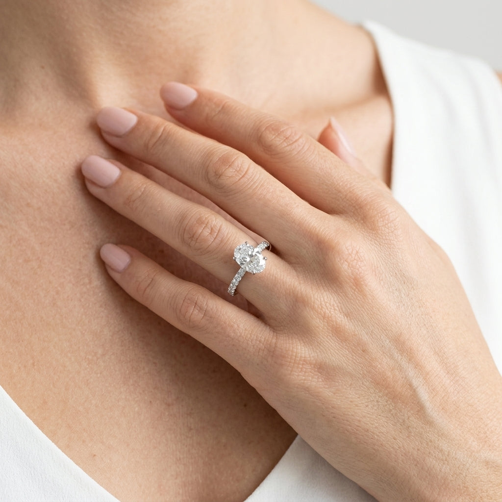 Single Row Prong Set Oval Center Engagement Rings - worn lifestyle photo