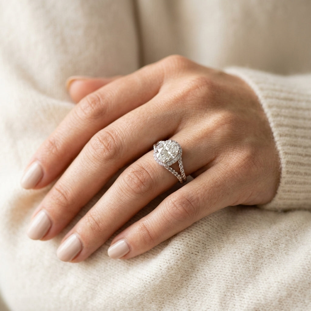 Braided Shank Halo Oval Cut Engagement Ring - worn lifestyle photo