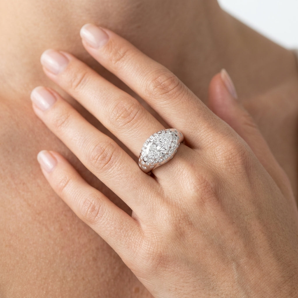 Accented Scattered Pear Engagement Ring - worn lifestyle photo