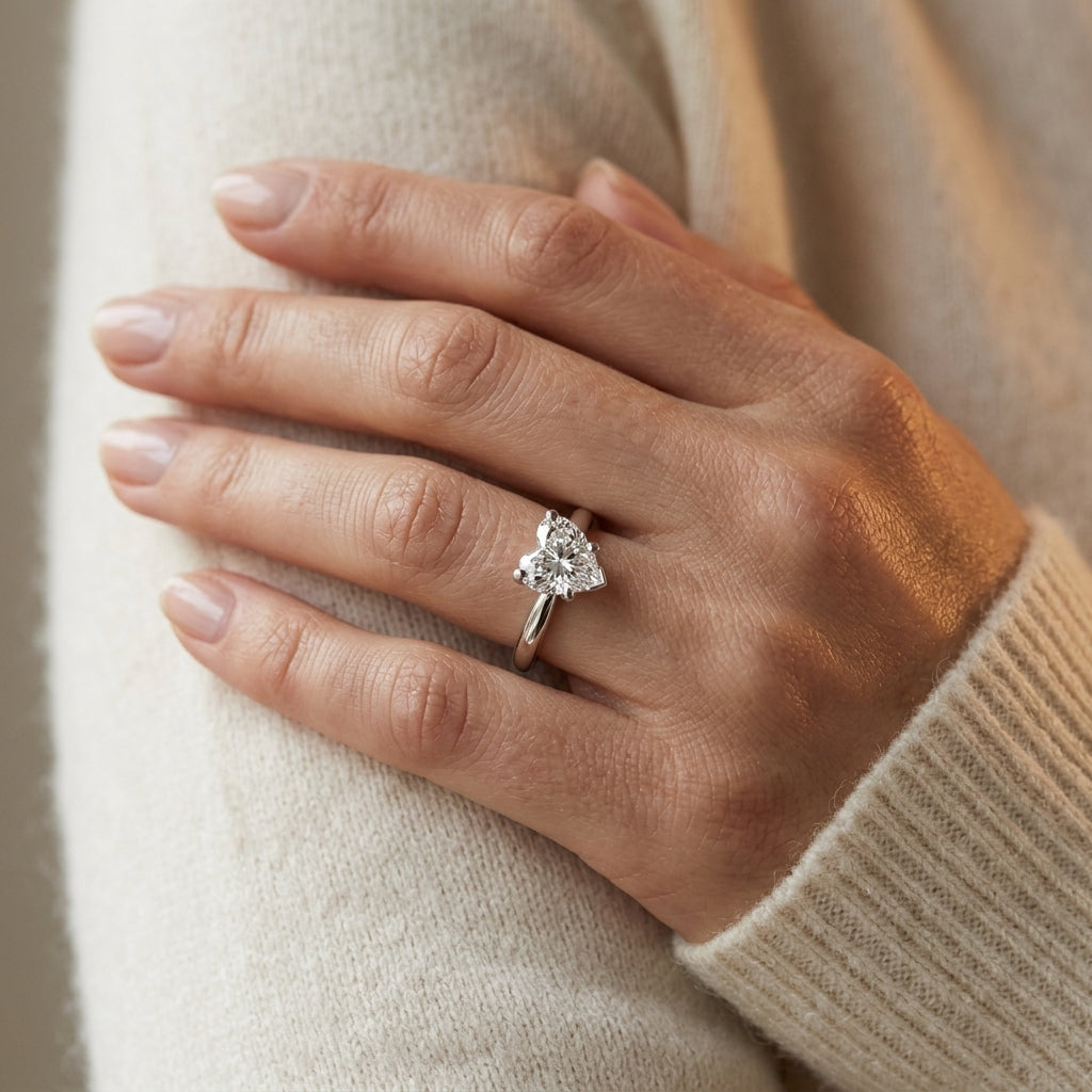 Solitaire Heart Shape Engagement Ring - worn lifestyle photo