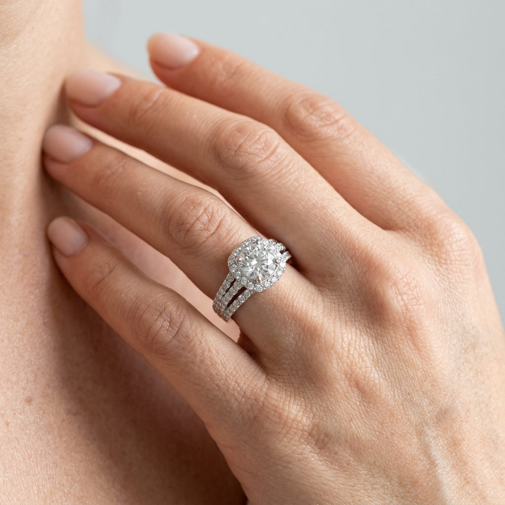 Multirow Halo Engagement Ring - worn lifestyle photo