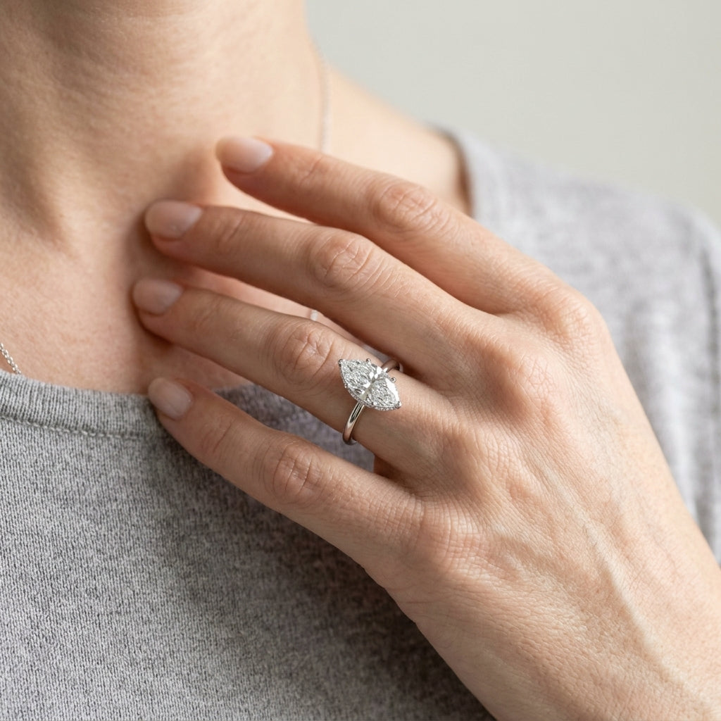 Double Hidden Halo Marquise Engagement Ring - worn lifestyle photo