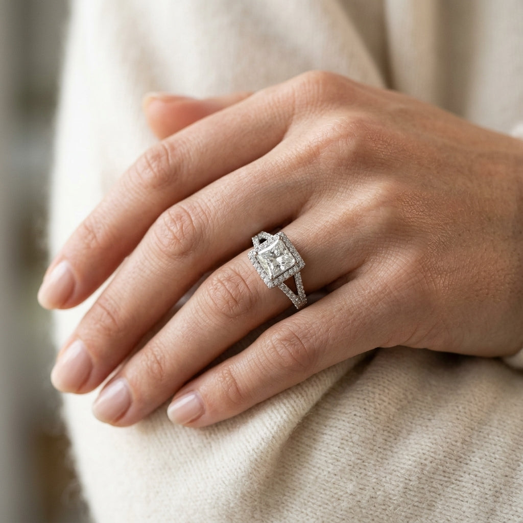Split Shank Princess Cut Halo Engagement Ring - worn lifestyle photo