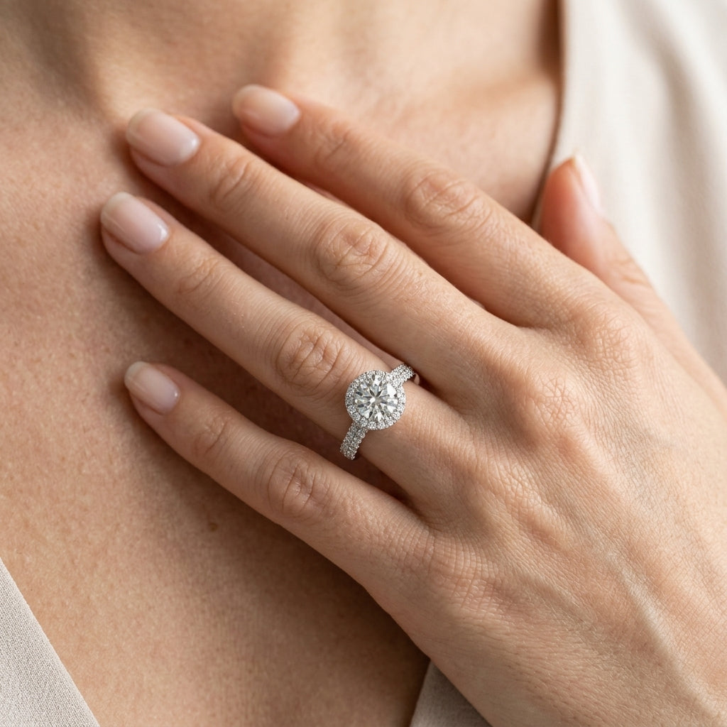 Multirow Pavé Halo Engagement Ring - worn lifestyle photo