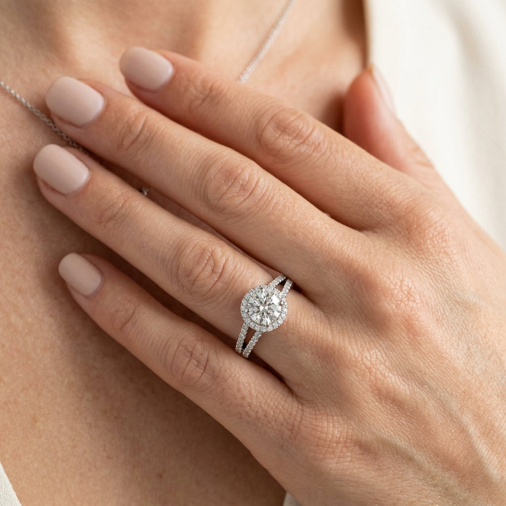ENGAGEMENT RINGS HALO ROUND - worn lifestyle photo