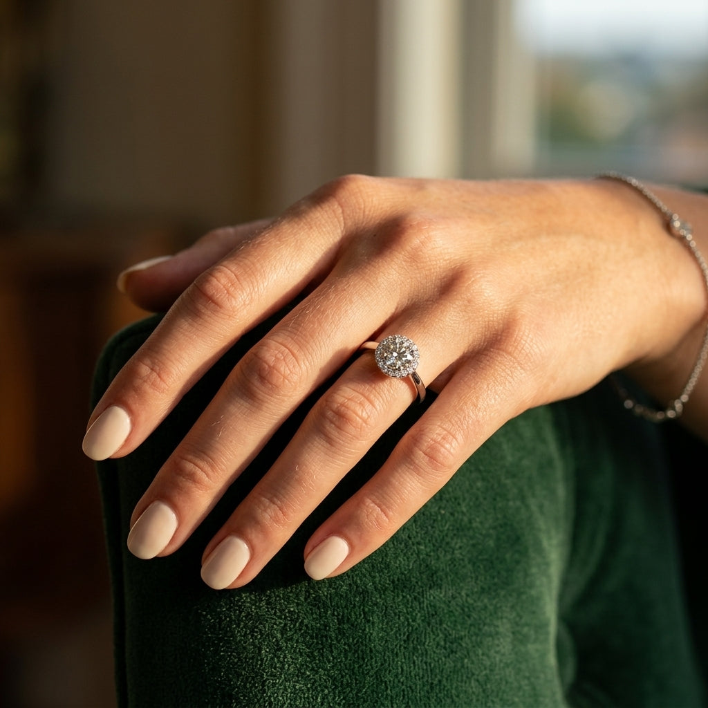 ENGAGEMENT RINGS ROUND HALO - worn lifestyle photo