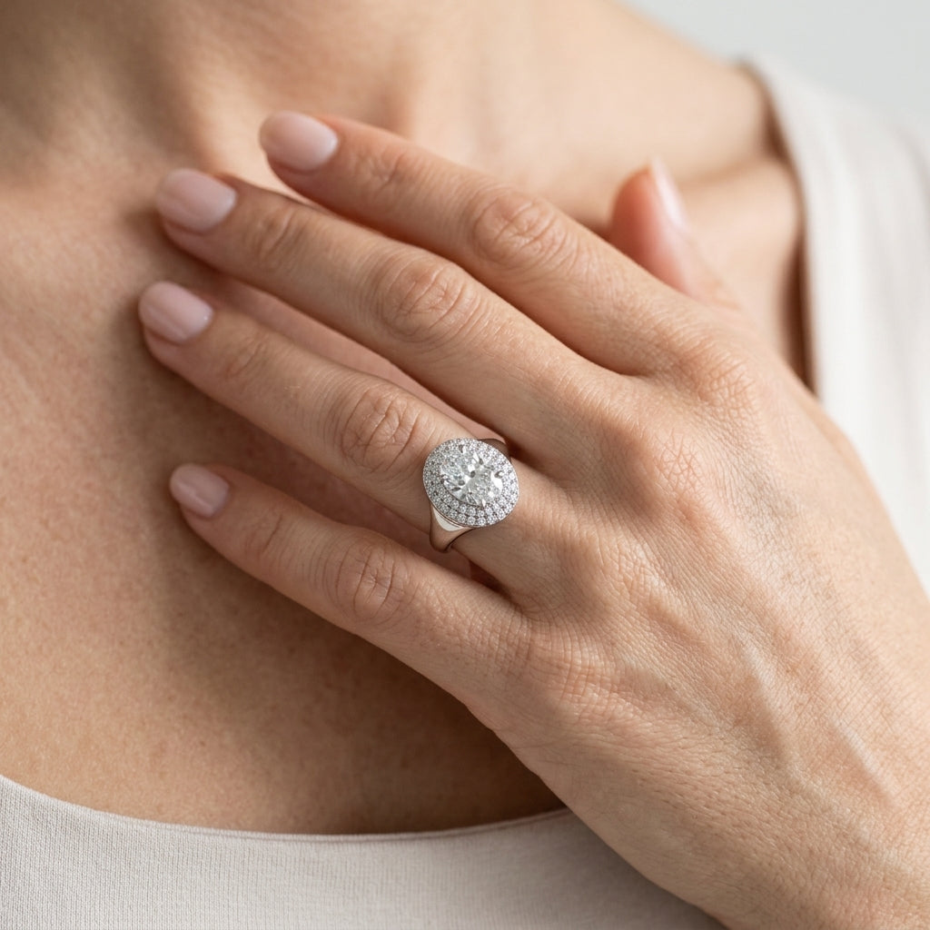 Double Halo Oval Engagement Ring - worn lifestyle photo